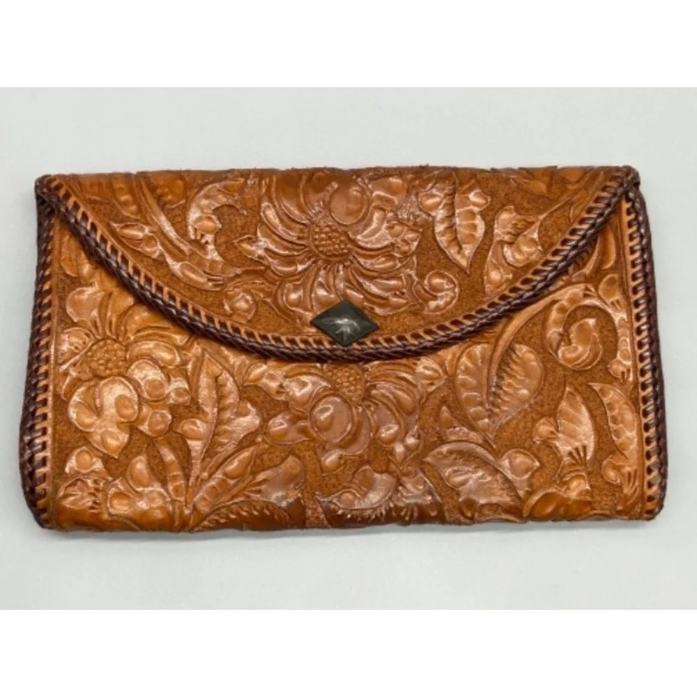 Vtg Art Deco‎ Era Handcrafted Leather Clutch Floral Tooling & Silver Cabochon